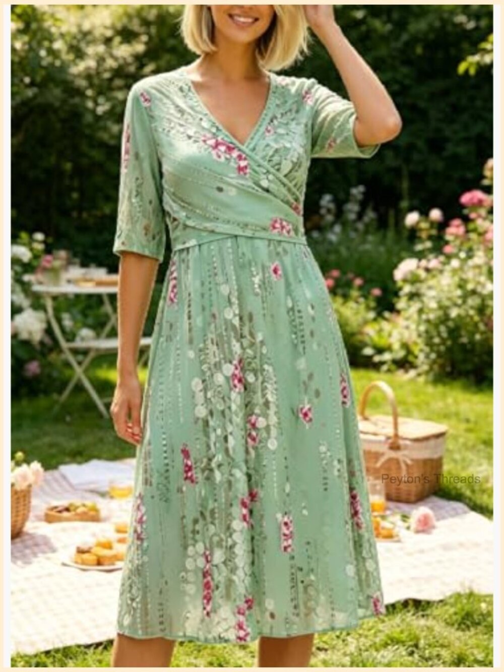 Pleated 3/4 Sleeve Midi Dress with Side Pockets - Picture 2 of 7